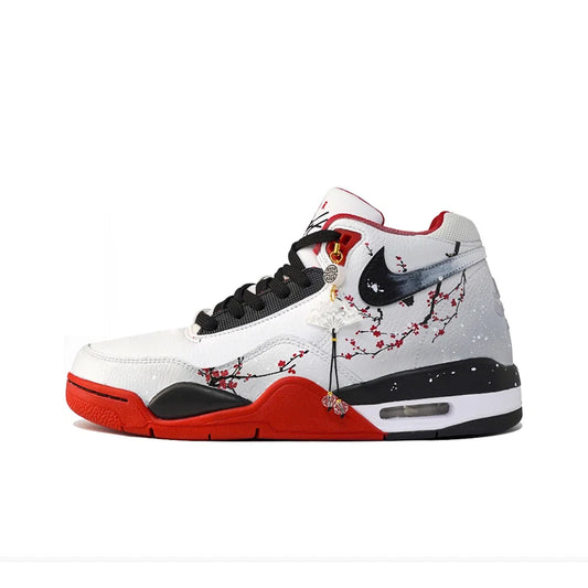 Skräddarsydda sneakers Nike Flight Legacy Plum Blossom i snövit kinesisk stil, retro basket skor med hängsmycke för män