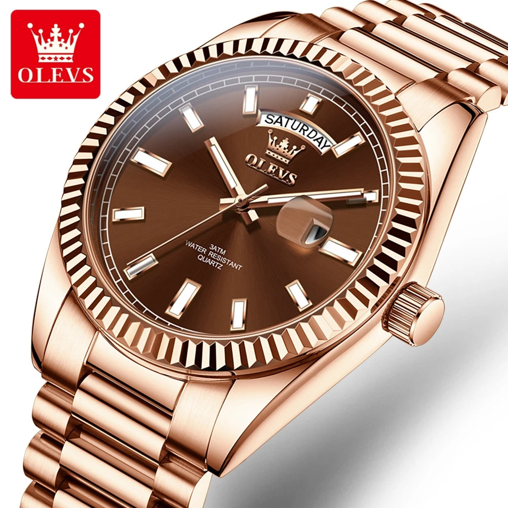OLEVS Men's Watch Top Brand Luxury Wrist Watch For Men Fashion Rose Gold Stainless Steel Waterproof Watch Day Date Quartz Clock