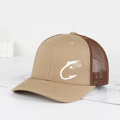 Bass Fish Hook Print Trucker Hat Adjustable Unisex Mesh Fishing Fan Sun Hat