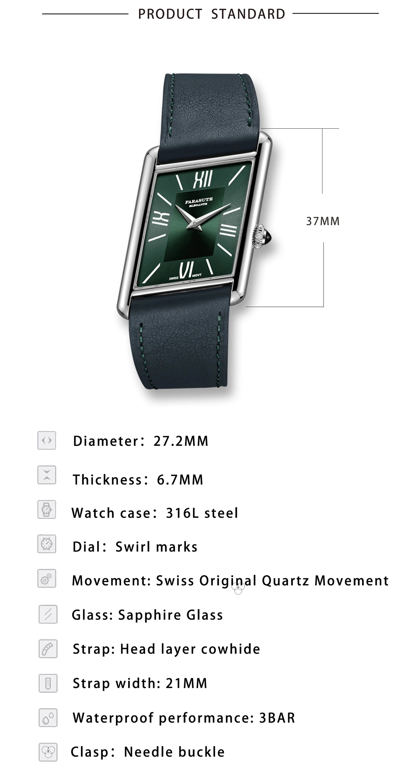FARASUTE Luxury Square Sports Men's Watch Swiss Movement Waterproof Sapphire Glass Stainless Steel Quartz Wristwatch Male Reloj
