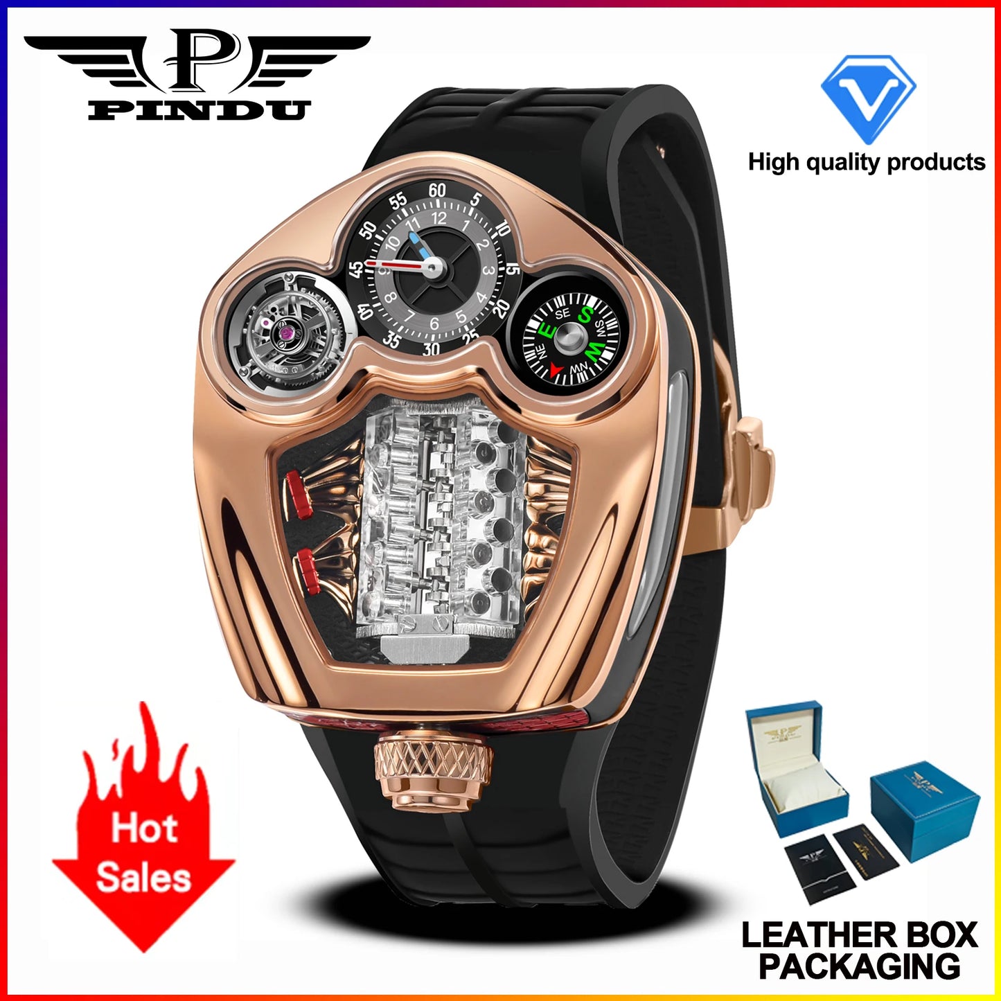 PINDU Design NEW Engine Series Quartz Watch Men's Top-Luxurious Stainless Steel Compass Waterproof Swiss Quartz 762 Movement Watch