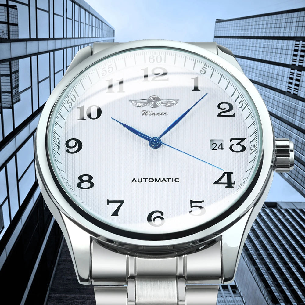 WINNER Men’s Watch – Classic, retro and elegant style – Automatic mechanical watch with date display – Luxury brand, steel case and leather strap