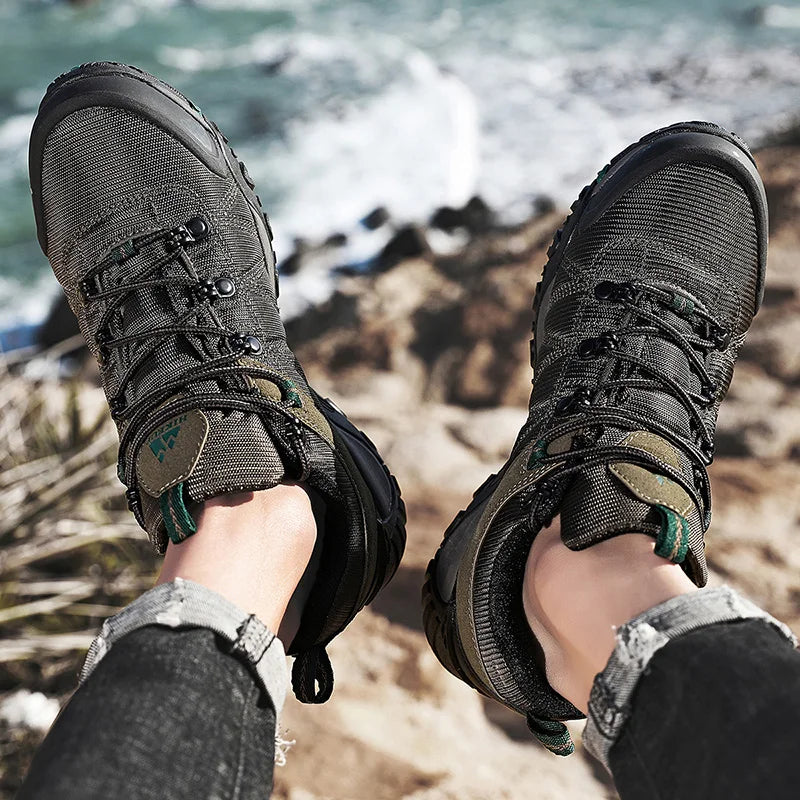 HIKEUP Four-Season Men's Hiking Shoes Outdoor Sports Genuine Leather Wear-Resistant Climbing Shoes Rubber Sole Trekking Sneaker