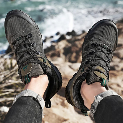 HIKEUP Four-Season Men's Hiking Shoes Outdoor Sports Genuine Leather Wear-Resistant Climbing Shoes Rubber Sole Trekking Sneaker