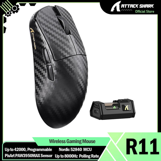 Rato Gaming Sem Fios ATTACK SHARK R11 ULTRA 49g em Fibra de Carbono 8000Hz, 42000 DPI, 20000 FPS, PAW3950MAX, Chip Nordic 52840