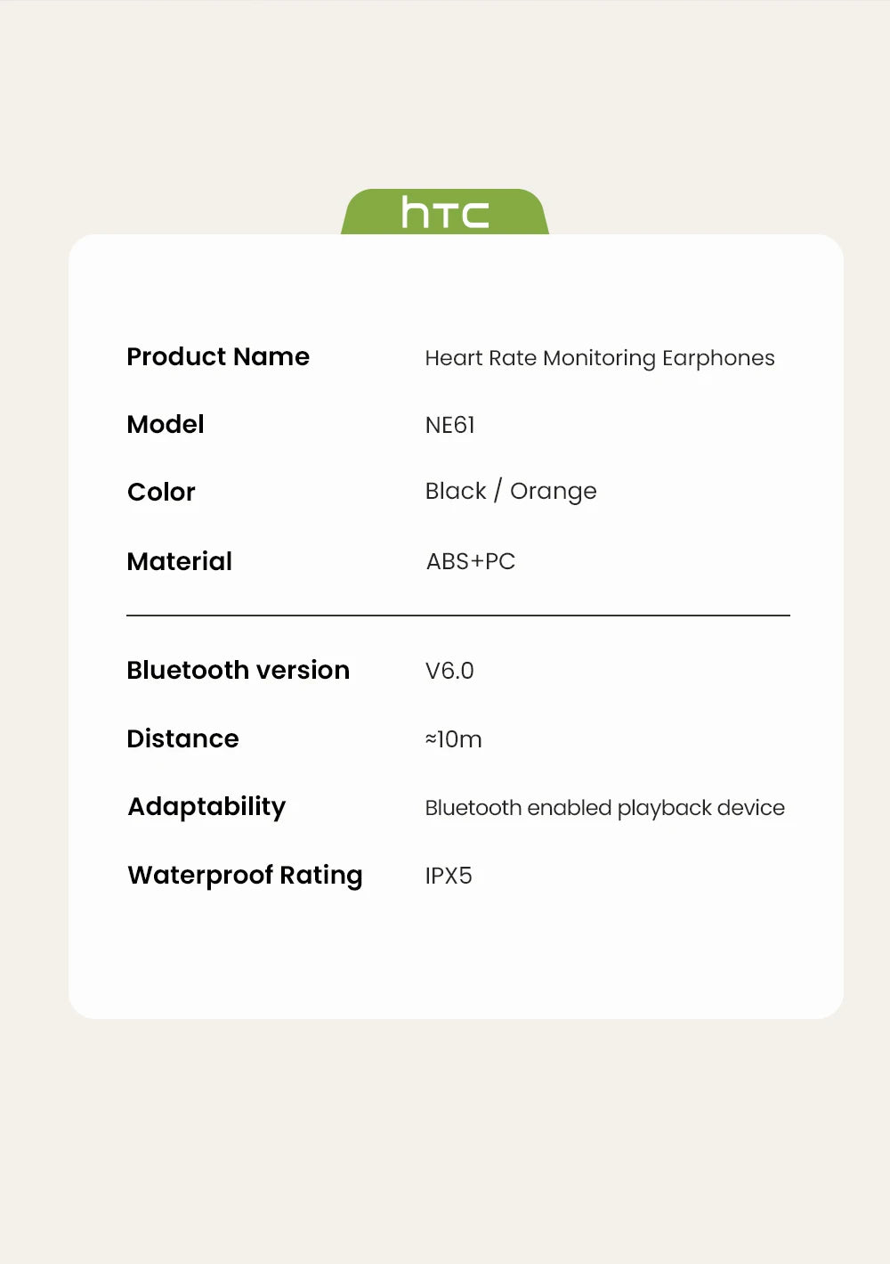 HTC NE61 Bluetooth Earphones – Premium Wireless Noise Reduction Sports Earbuds with AI Translator, Heart Rate Monitor &amp; HD Bass