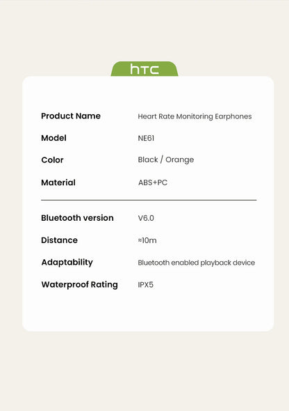 HTC NE61 Bluetooth Earphones – Premium Wireless Noise Reduction Sports Earbuds with AI Translator, Heart Rate Monitor &amp; HD Bass