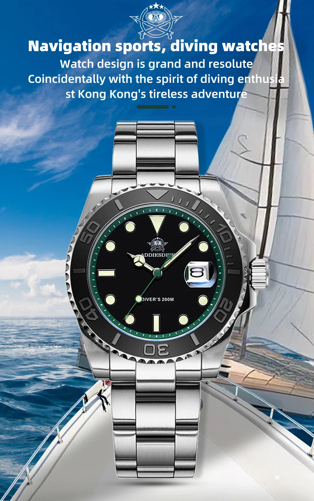 ADDIESDIVE Luxury Men's Diver Steel Watch 200m Waterproof Ceramic Bezel Analog Watch BGW9 Luminous Business Quartz Watch AD2040