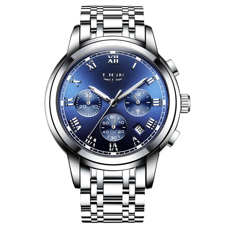 Montre pour homme LIGE – Chronographe de luxe, style sport décontracté, étanche, entièrement en acier, mouvement à quartz
