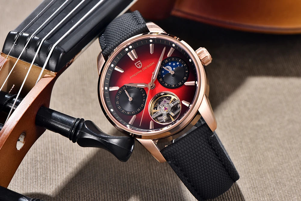 PAGANI DESIGN – Luxe mechanisch herenhorloge, 41 mm, saffierglas, leren band, waterdicht, pilotenstijl, met tourbillon en maanfase