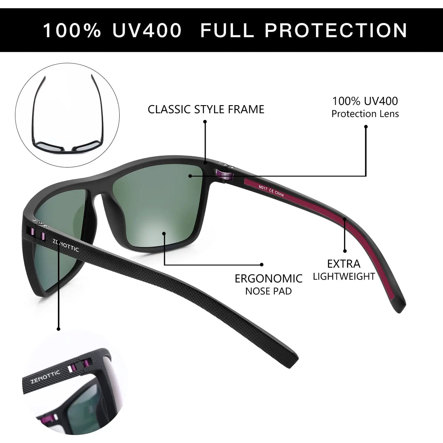 ZENOTTIC Polarized Sunglasses for Men Shades Lightweight TR90 Frame UV400 Protection Square Outdoor Trave Driving Sun Glasses