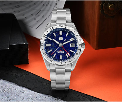 Relógio de Luxo para Homem San Martin 39mm com Mostrador em Pedra Aventurina, NH34 GMT Automático Mecânico, Safira, Impermeável e Luminescente SN0129