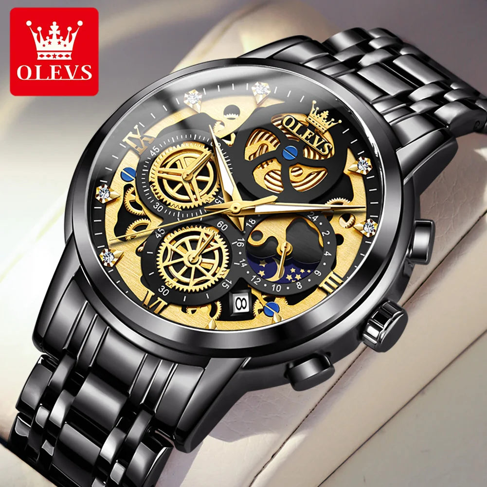 OLEVS men’s watch – Luxury model, water-resistant, quartz, skeletonised style, 24-hour display (day/night), gold colour