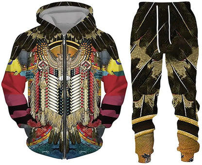 New 3D printed long sleeved hooded sweatshirt set for spring and autumn men's sportswear zipper sweatshirt