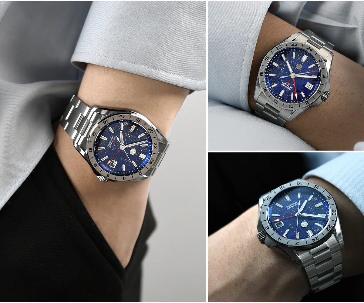 Relógio de Luxo para Homem San Martin 39mm com Mostrador em Pedra Aventurina, NH34 GMT Automático Mecânico, Safira, Impermeável e Luminescente SN0129