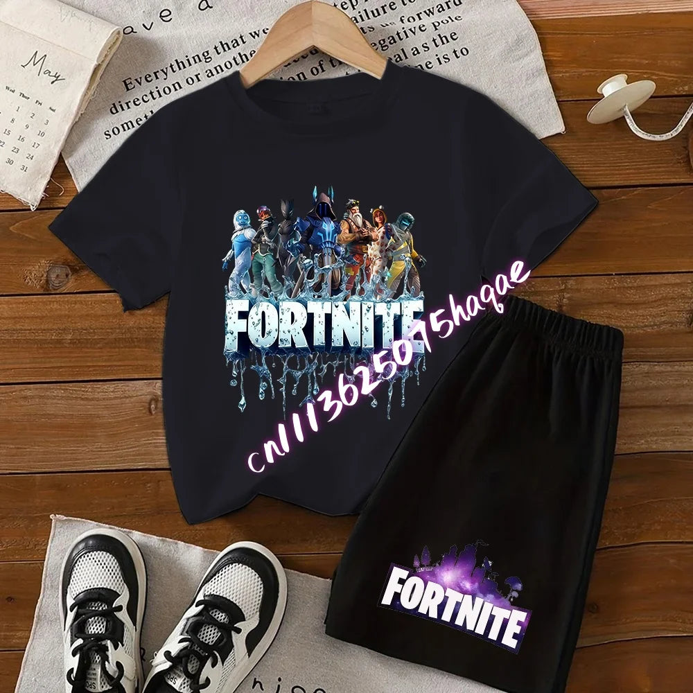 Summer Kids Game Fortnite T-Shirt Suit Anime Short Sleeve Shorts 2 Piece Summer Children Cotton Casual Sportswear Gifts