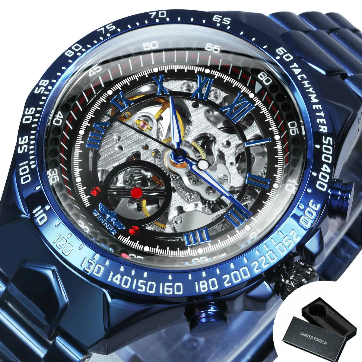 Reloj automático para hombre WINNER: modelo esqueleto transparente, agujas luminiscentes, correa de acero inoxidable, reloj mecánico de marca de lujo
