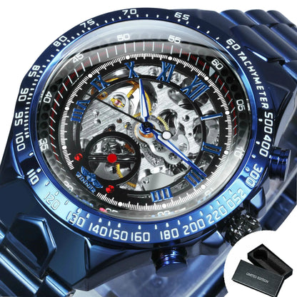 Reloj automático para hombre WINNER: modelo esqueleto transparente, agujas luminiscentes, correa de acero inoxidable, reloj mecánico de marca de lujo