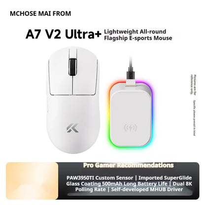 Rato sem fios MCHOSE A7 V2 Ultra+ Tri-Mode leve Paw3950 Ti 42000dpi 500mah para PC, eSports e portátil — acessórios gaming
