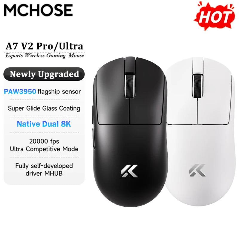 MCHOSE A7 V2 Ultra / Pro Leichte kabellose Gaming-Maus Dual 8000Hz PAW3950 TI 42000DPI für PC-E-Sport-Gamer