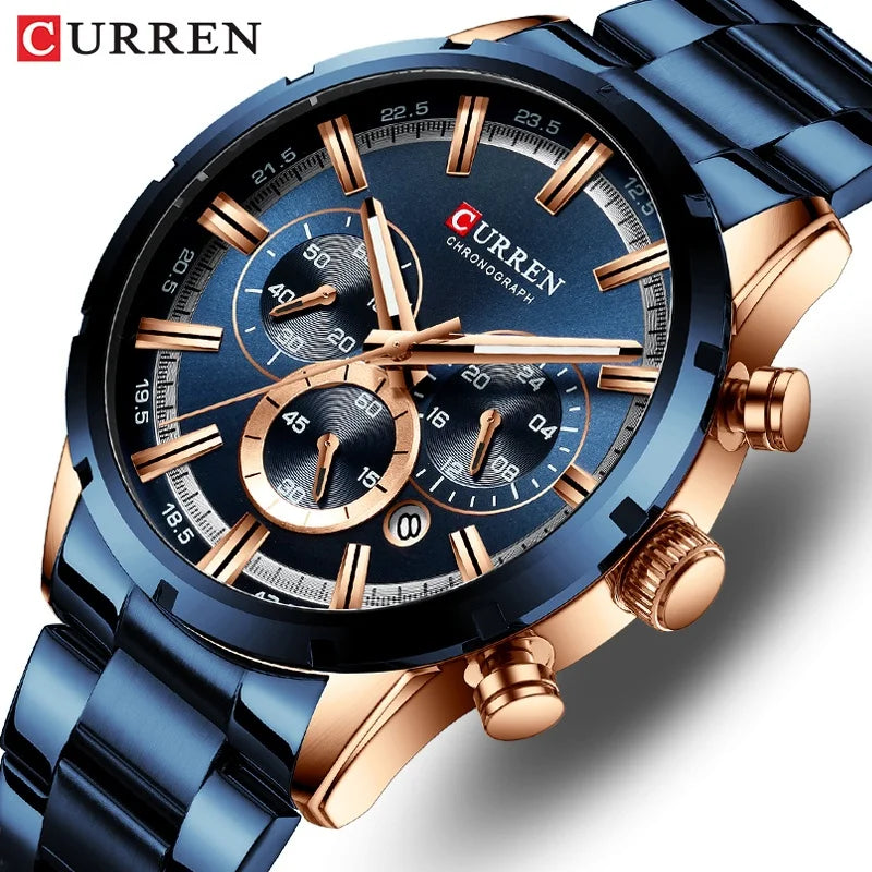 CURREN herenhorloge – Luxe sportchronograaf, quartz uurwerk, volledig van staal, waterdicht