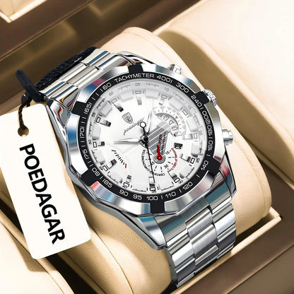 Reloj de lujo para hombre POEDAGAR, resistente al agua, luminiscente, con fecha, deportivo, correa de acero inoxidable, mecanismo de cuarzo.