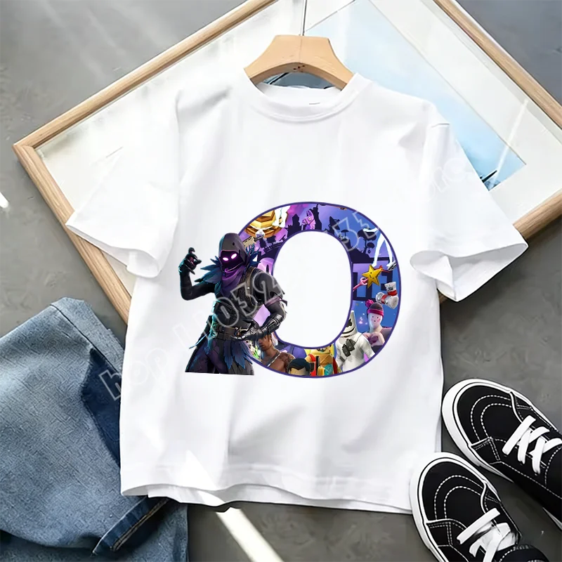 Fortnite A-Z Alphabet Print T Shirt Summer Kids White Clothing Popular Cartoon Game T Shirt Fashion Casual Short Sleeve Top Gift
