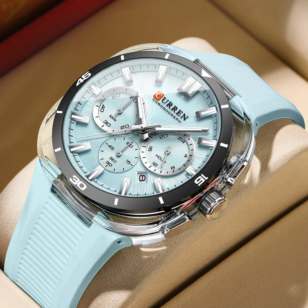 Herrenuhr CURREN – Neues Luxusmodell mit Quarzwerk, Silikonarmband, sportlichem Design, multifunktional, wasserdicht, beleuchtet, mit Datumsanzeige und Stoppuhr.