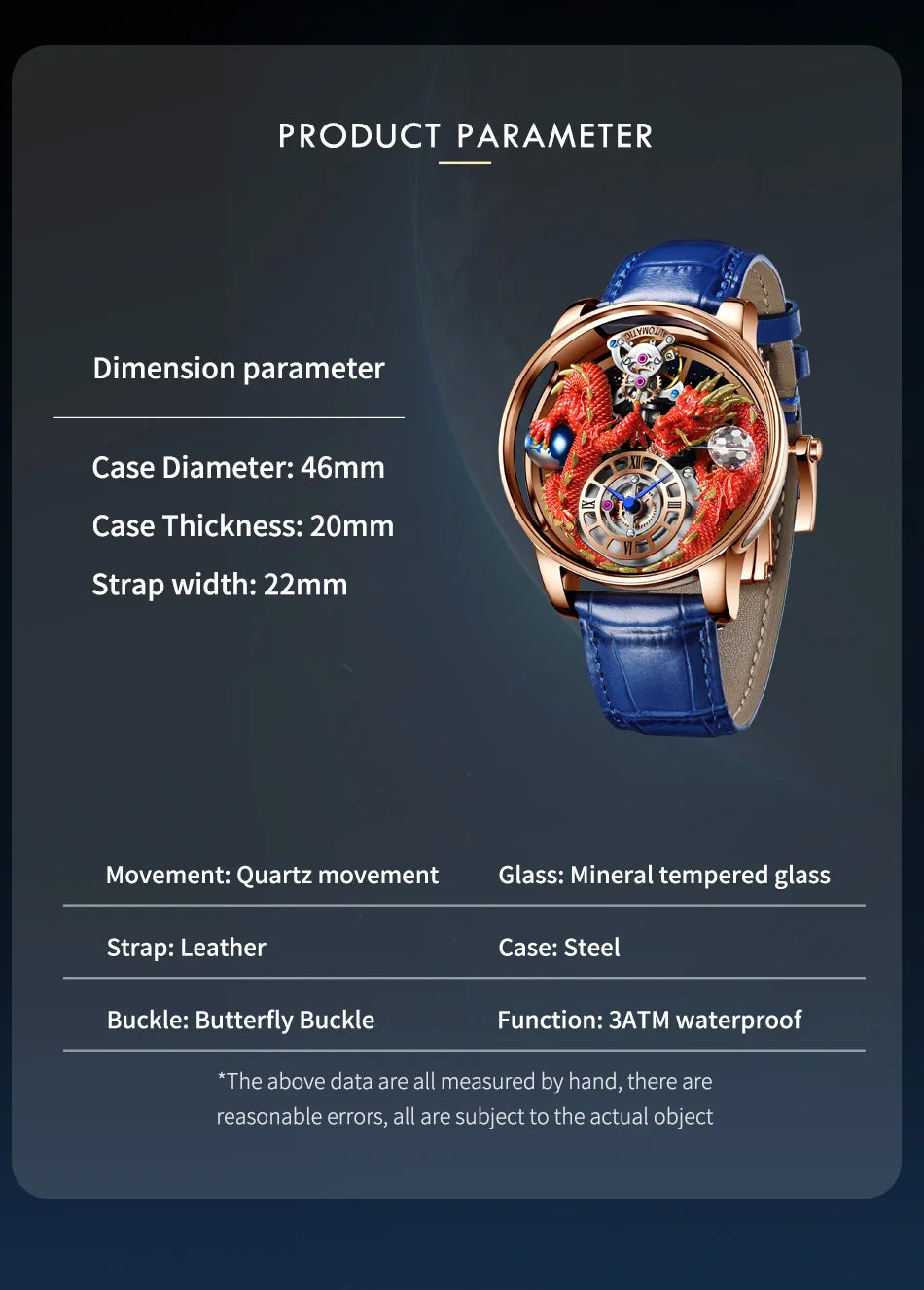 PINDU Design Celestial Body Series Traditionnelle Artisanat Three Dimensional Dragon Men Watch Curved Mirror Transparent Globe