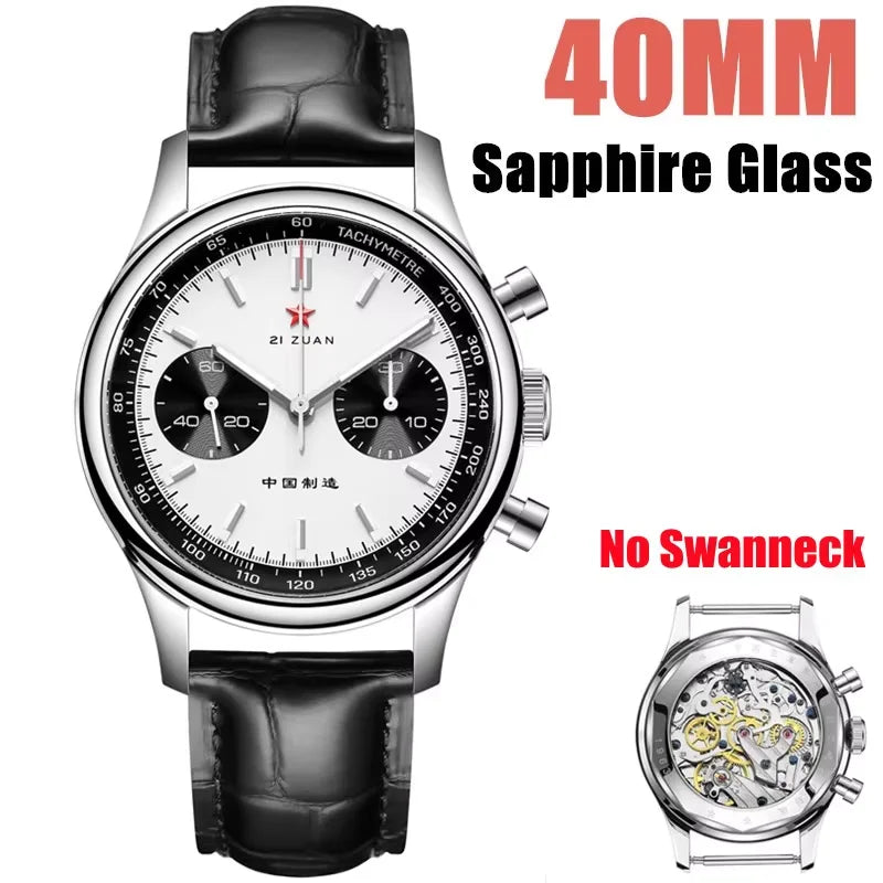 Red Star Panda Mens 1963 Chronograph Mechanical Wristwatch Seagull st1901 Movement Gooseneck 40mm Luminous Sapphire Pilot Watch