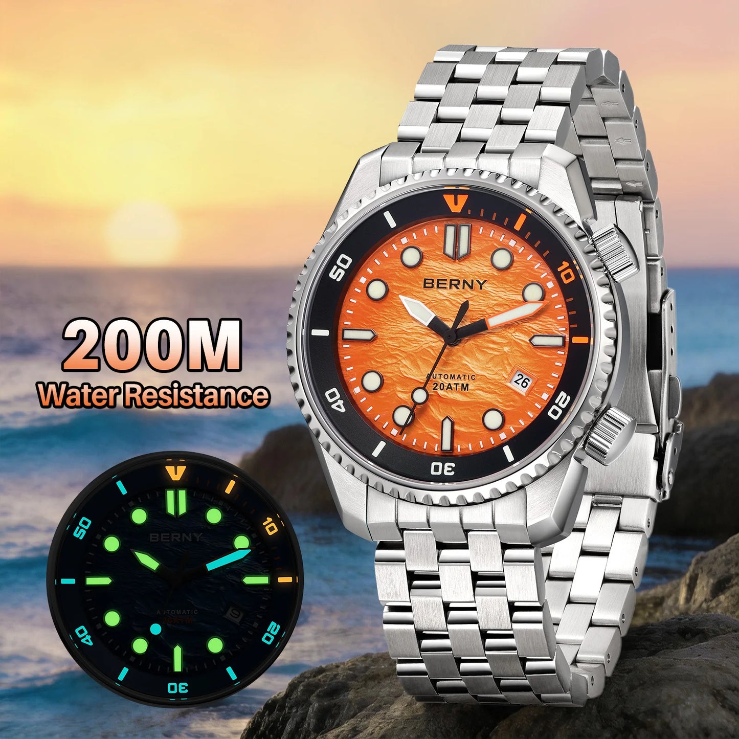 BERNY Diver Automatic Watches Men's Luxury Sapphire 316L Stainless Steel Mechanical Watch 42MM 200M Waterproof Diving Men's Watch