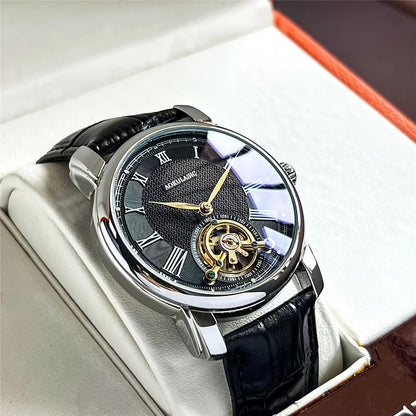 Mechanische Automatikuhr für Herren – Elegantes Ajour-Design, trendiger „Business-Casual“-Stil, Gehäuse aus Metalllegierung und Lederarmband, batterielos