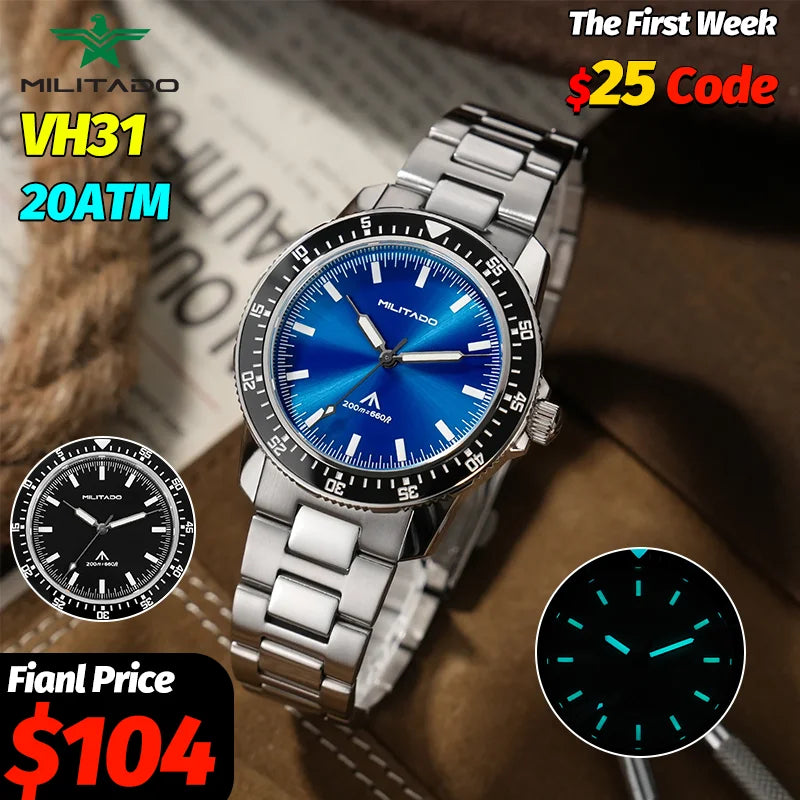MILITADO  ML25 Quartz Dive Watch VH31 Sweep Second Sapphire Crystal 200M Waterproof BGW9 Lume Ceramic Bezel Men Watch