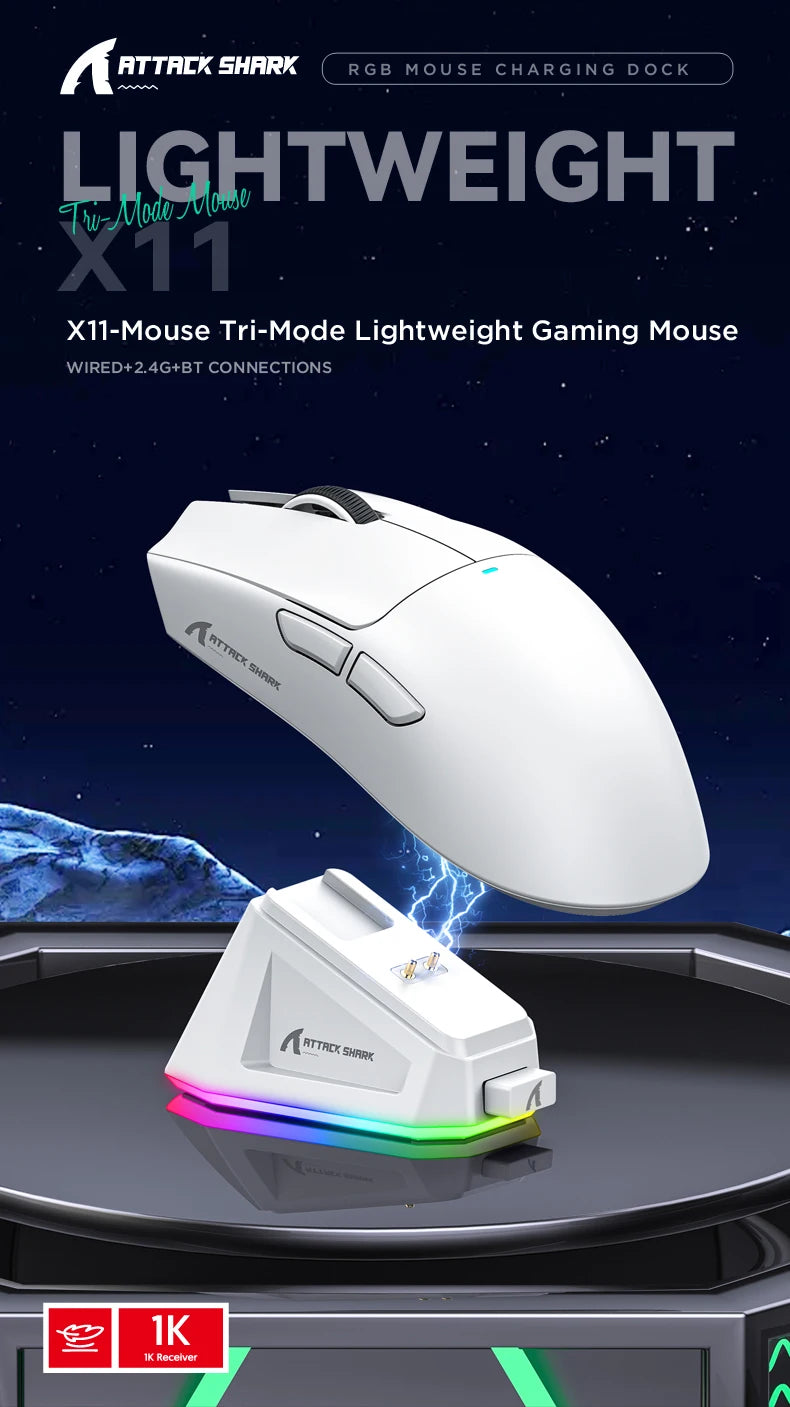 ATTACK SHARK X11 Lightweight Wireless Gaming Mouse with RGB Backlight Charging, Up to 22K DPI, PAW3311 Optical Sensor, HUYU Switch