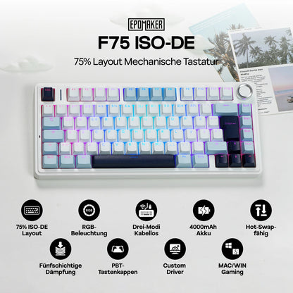 ISO-DE Layout EPOMAKER X AULA F75 75% German QWERTZ Hot-Swap Gasket Wired/Bluetooth/2.4G Wireless Mechanical Keyboard Knob/RGB
