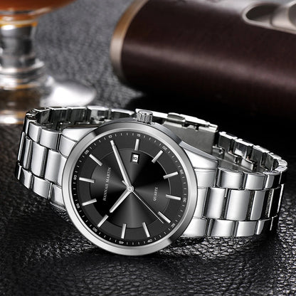 HANNAH MARTIN kvartsur, 40 mm, til mænd, sort armbånd i rustfrit stål, vandtæt til 3 bar, sport-chic stil