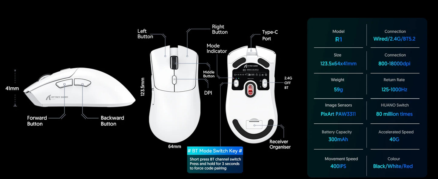Ratón gaming trimodo ATTACK SHARK R1, sensor PixArt PAW3311, 18000 DPI, 1000hz, ultraligero de 59g para manos grandes, para PC/Mac