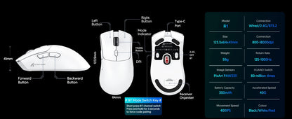 Ratón gaming trimodo ATTACK SHARK R1, sensor PixArt PAW3311, 18000 DPI, 1000hz, ultraligero de 59g para manos grandes, para PC/Mac