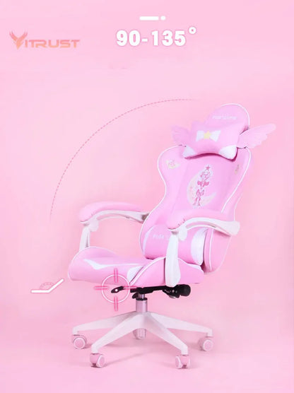 Pink Gaming Chair for Girls, Cute Comfortable Gaming Chair with Armrests, Swivel Height Adjustable Gamer Chair for Bedroom, Office & Streaming
