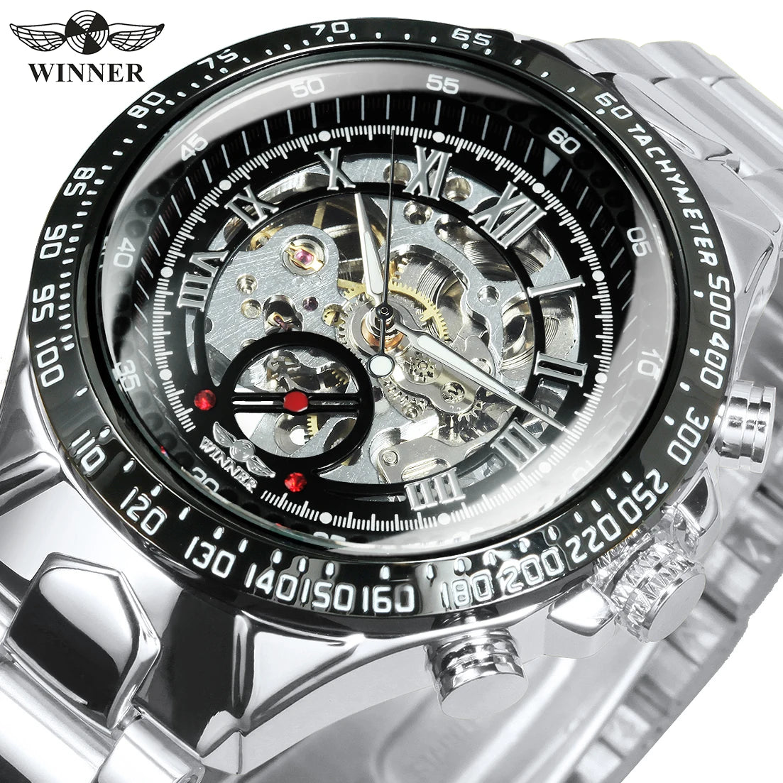 Reloj automático para hombre WINNER: modelo esqueleto transparente, agujas luminiscentes, correa de acero inoxidable, reloj mecánico de marca de lujo