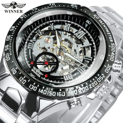 Reloj automático para hombre WINNER: modelo esqueleto transparente, agujas luminiscentes, correa de acero inoxidable, reloj mecánico de marca de lujo