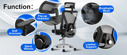 Durrafy Ergonomic Office Chair with Headrest & Armrests, Adjustable Swivel Desk Chair, 90°-130° Reclining Executive Mesh Chair for Home Office