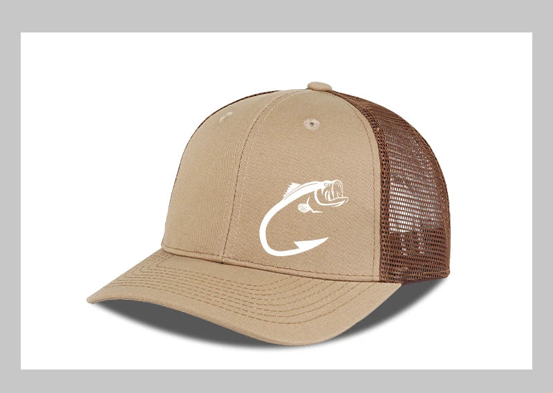 Bass Fish Hook Print Trucker Hat Adjustable Unisex Mesh Fishing Fan Sun Hat