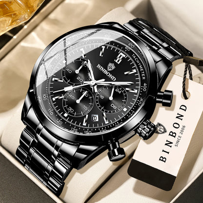 Montre à quartz BINBOND pour homme, élégante, robuste et précise, avec date automatique, chronographe, lumineuse et étanche. Style décontracté.