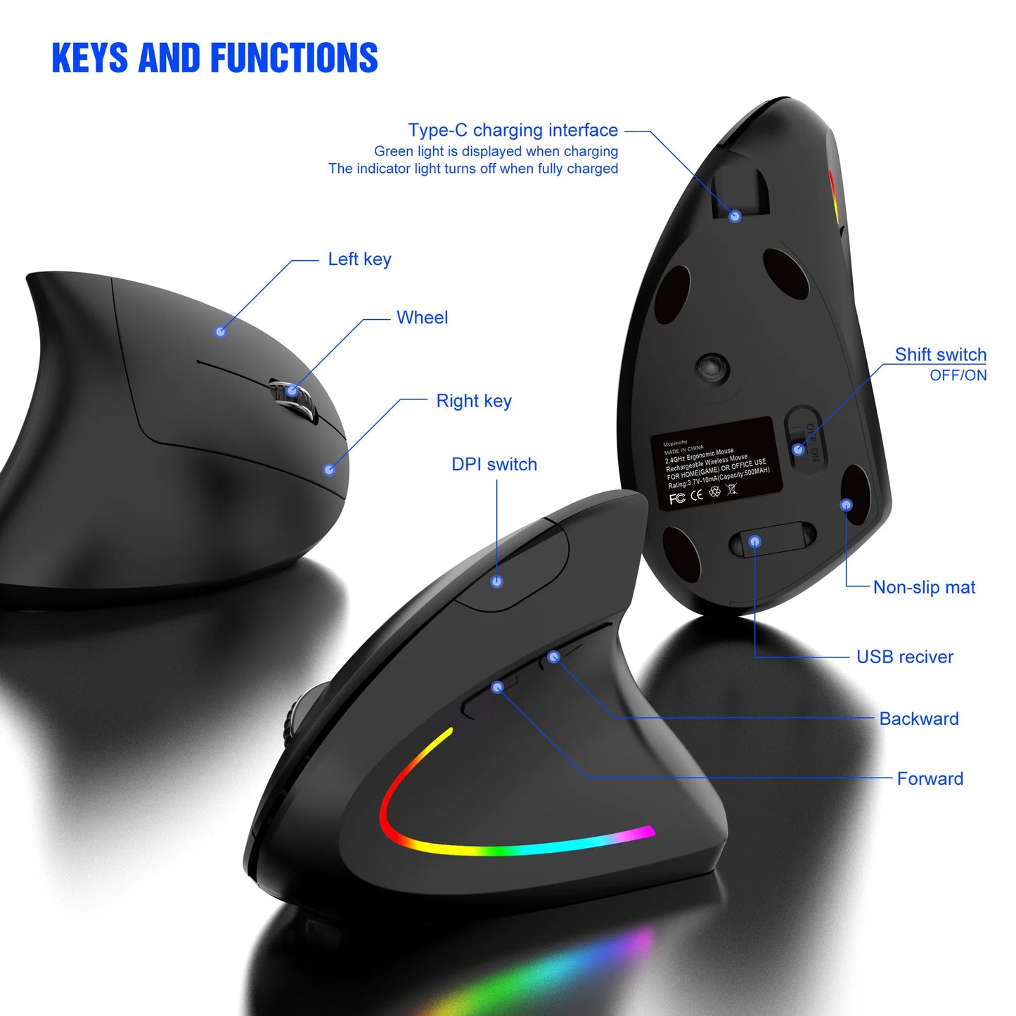 NEW Wireless Vertical Mouse 2.4GHz DPI Adjustable Optical Wrist-care Mice Backlight Gaming Mice For Laptop Tablet Mac iPad
