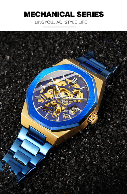 FORSINING 344D Top Brand Luxury Skeleton Automatic Mechanical Men's Watch Hollow Design Luminous Stainless Steel Strap Clock Men