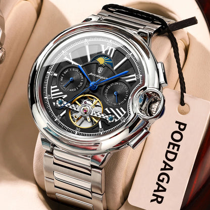 POEDAGAR men’s watch, luxury and professional style, with date and day display, tourbillon, stainless steel case, automatic mechanical movement and water resistance.