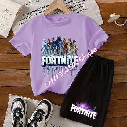 Summer Kids Game Fortnite T-Shirt Suit Anime Short Sleeve Shorts 2 Piece Summer Children Cotton Casual Sportswear Gifts