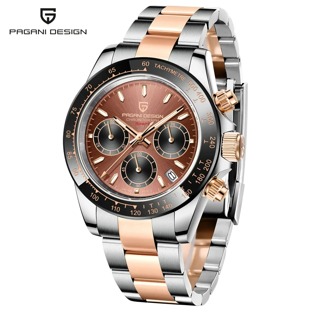 Męski zegarek chronograf PAGANI DESIGN – Luksusowy zegarek na rękę z mechanizmem kwarcowym, podświetlany i wodoodporny.