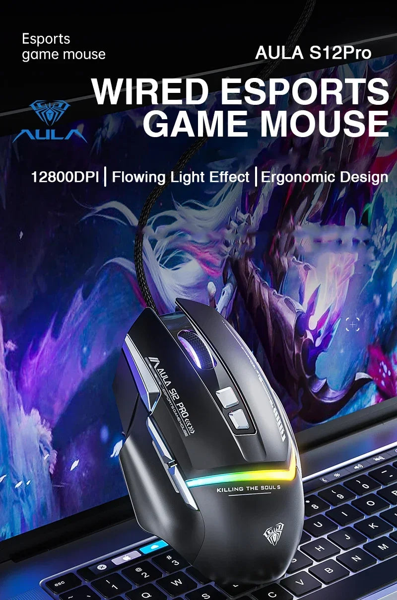 AULA S12Pro káblová mechanická myš 1000HZ 12800DPI RGB s nízkou latenciou, programovateľnými makrami – e-športová herná myš, príslušenstvo pre PC hráčov